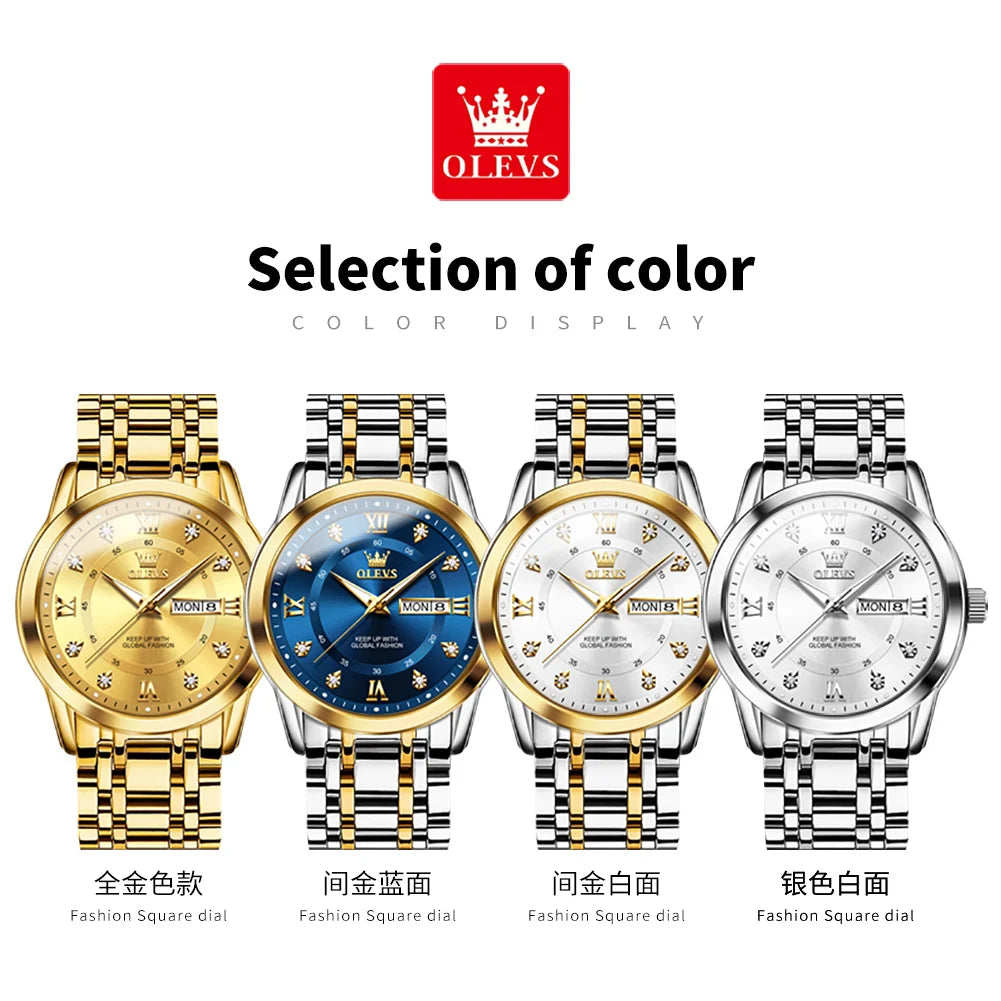 OLEVS Men's Watches Fashion Gold Original Quartz Watch for Man Stainless Steel Waterproof Luminous Wrist Watch Date Week Roman