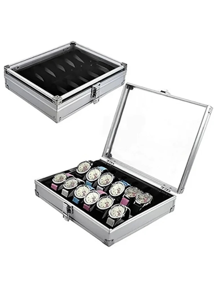 Useful Aluminium Watches Box 12 Grid Slots Jewelry Watches Display Storage Box Square Case Suede Inside Rectangle Watch Holder