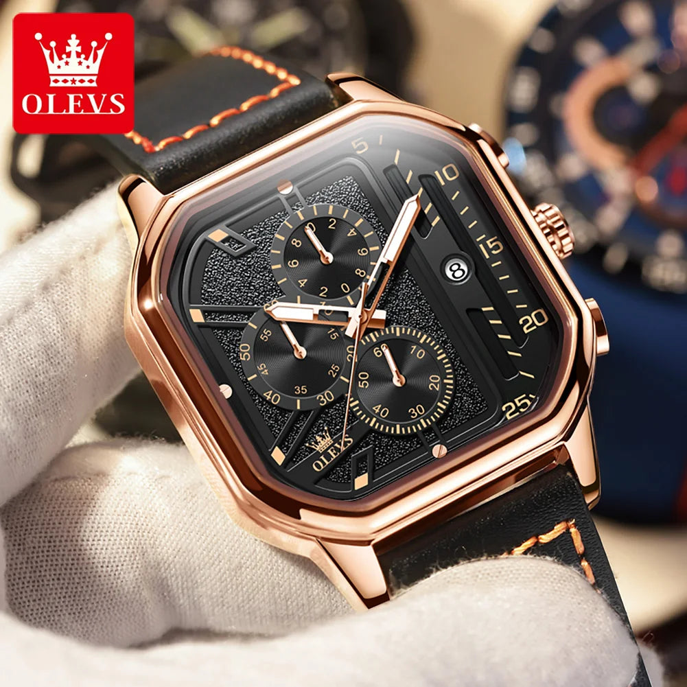 OLEVS New Quartz Watch for Men Chronograph Clock Waterproof Luminous Leather Strap Men's Wristwatch 42mm Dial Man Dress Watches