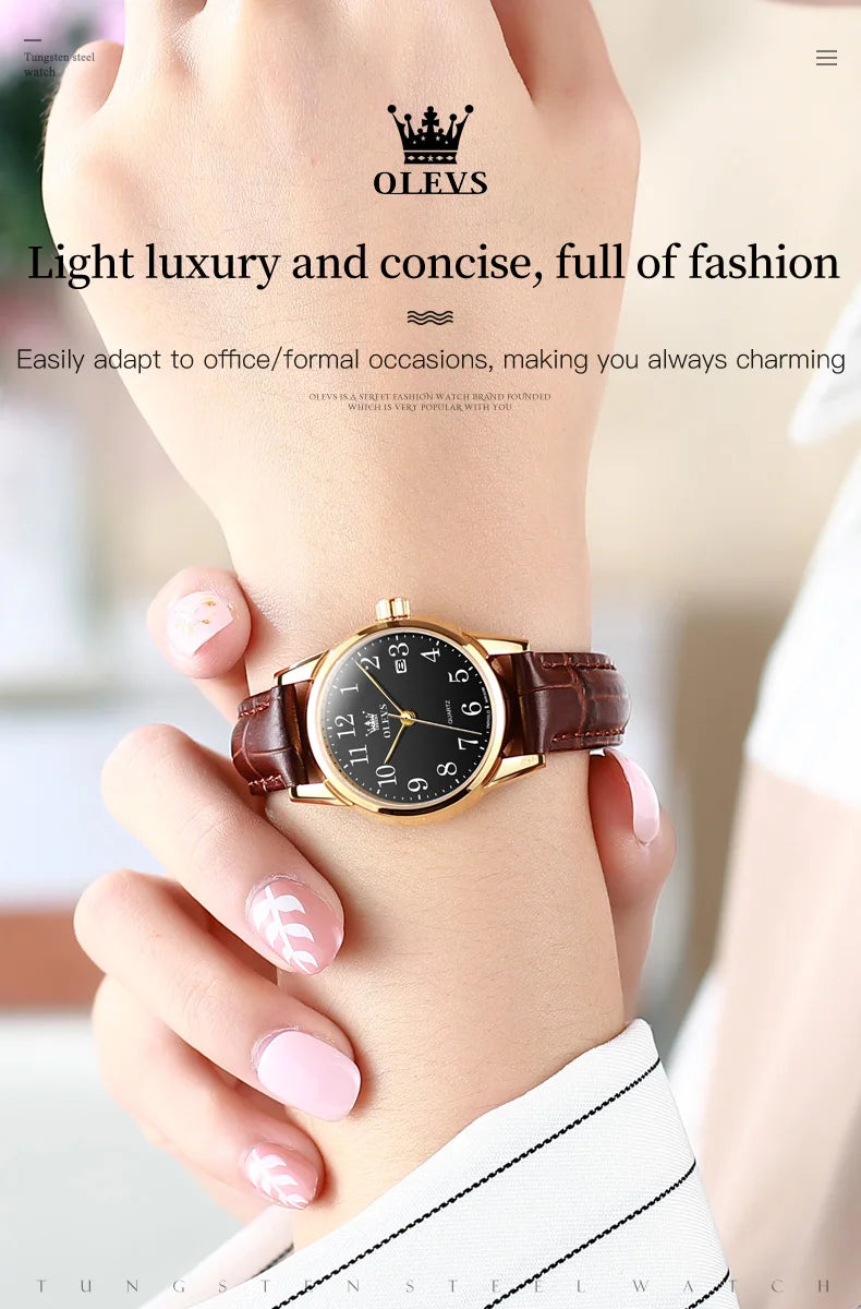 OLEVS Classic Quartz Watch for Women Brown Leather Strap Watch With Date Feature Digital Dial Waterproof Ladies Dress Wristwatch