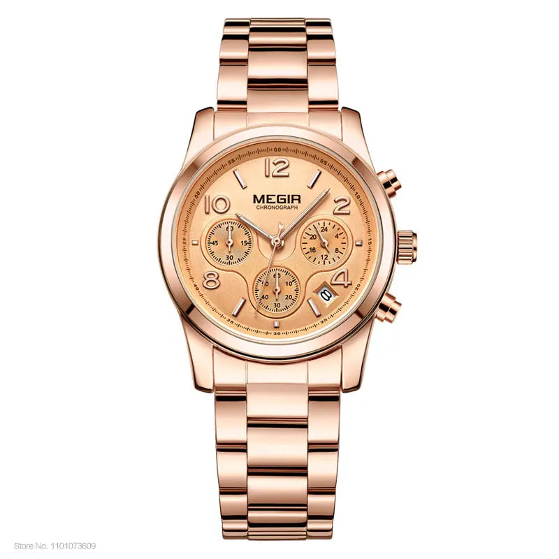 Megir Ladies Watch Chronograph Quartz Watches Women Top Brand Luxury Rose Gold Wristwatch Relogio Feminino часы женские 2057