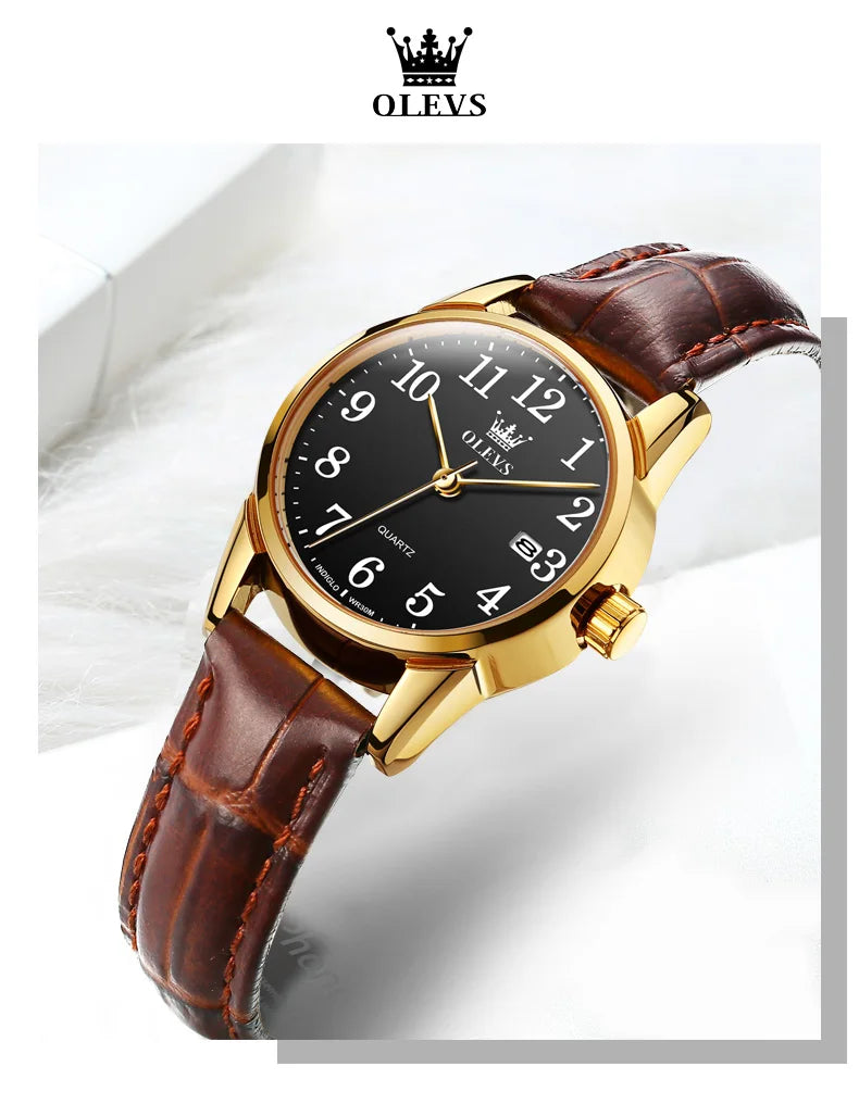 OLEVS Classic Quartz Watch for Women Brown Leather Strap Watch With Date Feature Digital Dial Waterproof Ladies Dress Wristwatch