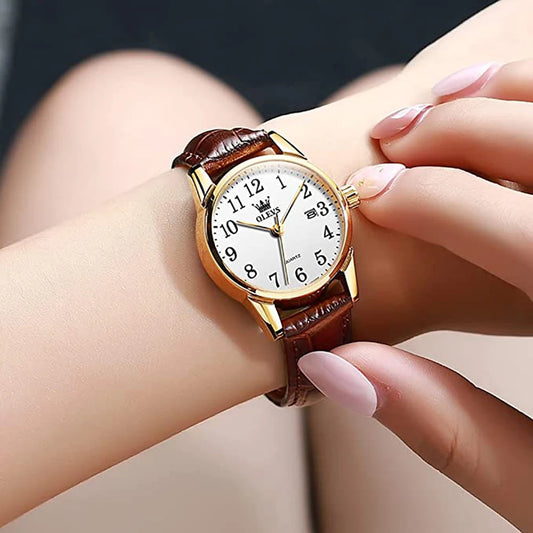 OLEVS Classic Quartz Watch for Women Brown Leather Strap Watch With Date Feature Digital Dial Waterproof Ladies Dress Wristwatch