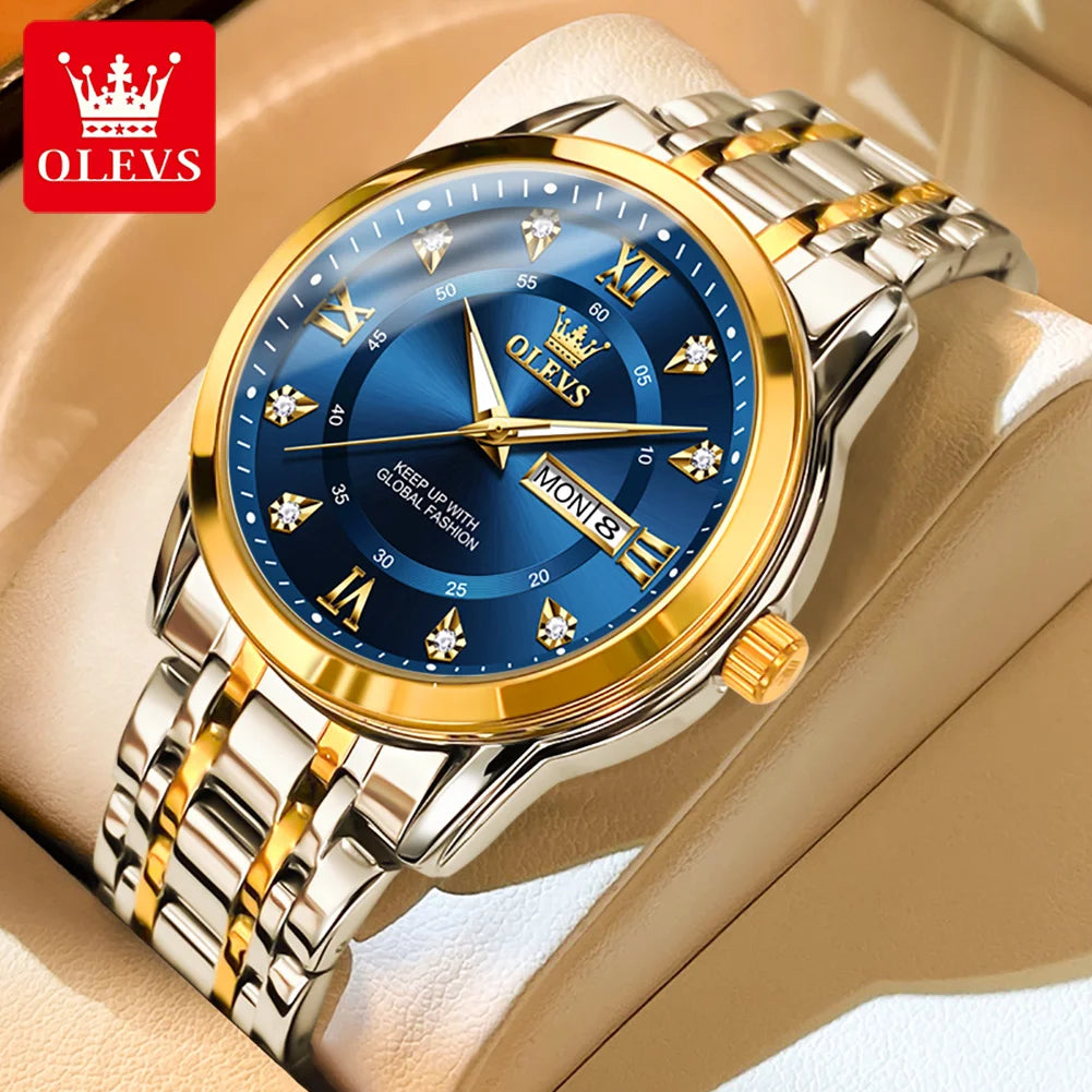 OLEVS Men's Watches Fashion Gold Original Quartz Watch for Man Stainless Steel Waterproof Luminous Wrist Watch Date Week Roman