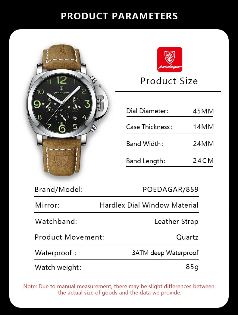 POEDAGAR Luxury Sports Watch for Man Waterproof Luminous Date Chronograph Men Watch Leather Quartz Men's Watches Clock Reloj+box