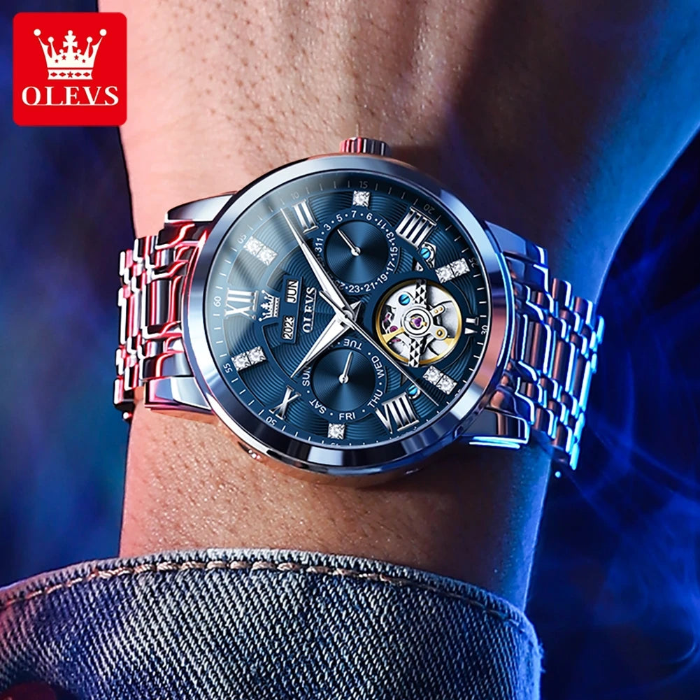 OLEVS 6701 Luxury Skeleton Flywheel Automatic Watch for Men Dual Calendar Wrist Clock Waterproof Luminous Stainless Steel Watch