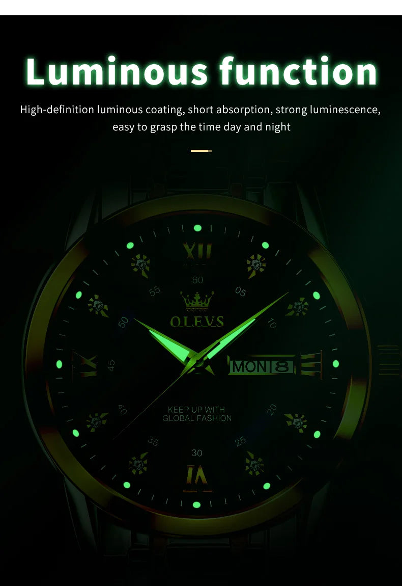 OLEVS Men's Watches Fashion Gold Original Quartz Watch for Man Stainless Steel Waterproof Luminous Wrist Watch Date Week Roman