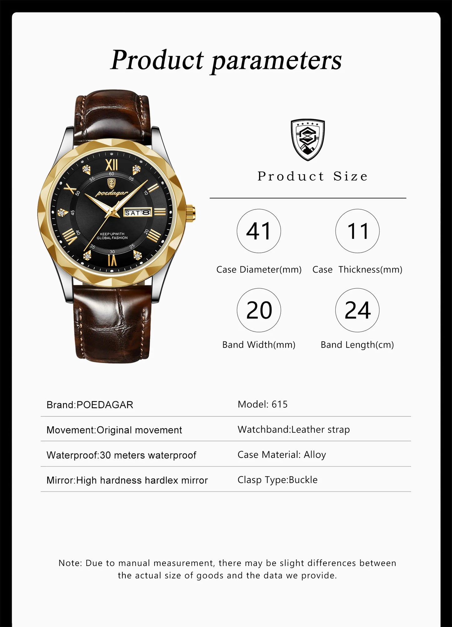 POEDAGAR Luxury Business Man Wristwatch Waterproof Luminous Date Week Men Watch For Men Quartz Clock Leather Men's Watches reloj