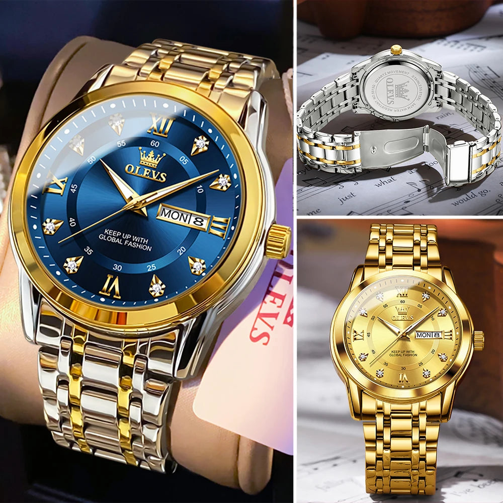 OLEVS Men's Watches Fashion Gold Original Quartz Watch for Man Stainless Steel Waterproof Luminous Wrist Watch Date Week Roman