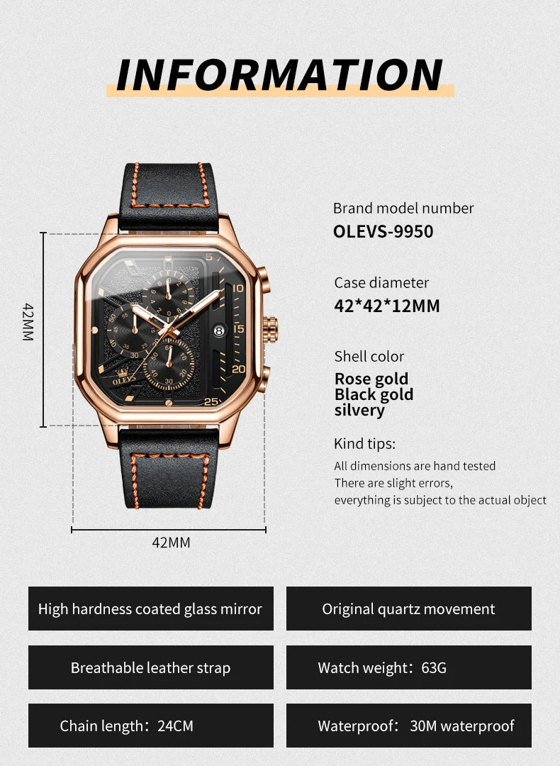 OLEVS New Quartz Watch for Men Chronograph Clock Waterproof Luminous Leather Strap Men's Wristwatch 42mm Dial Man Dress Watches