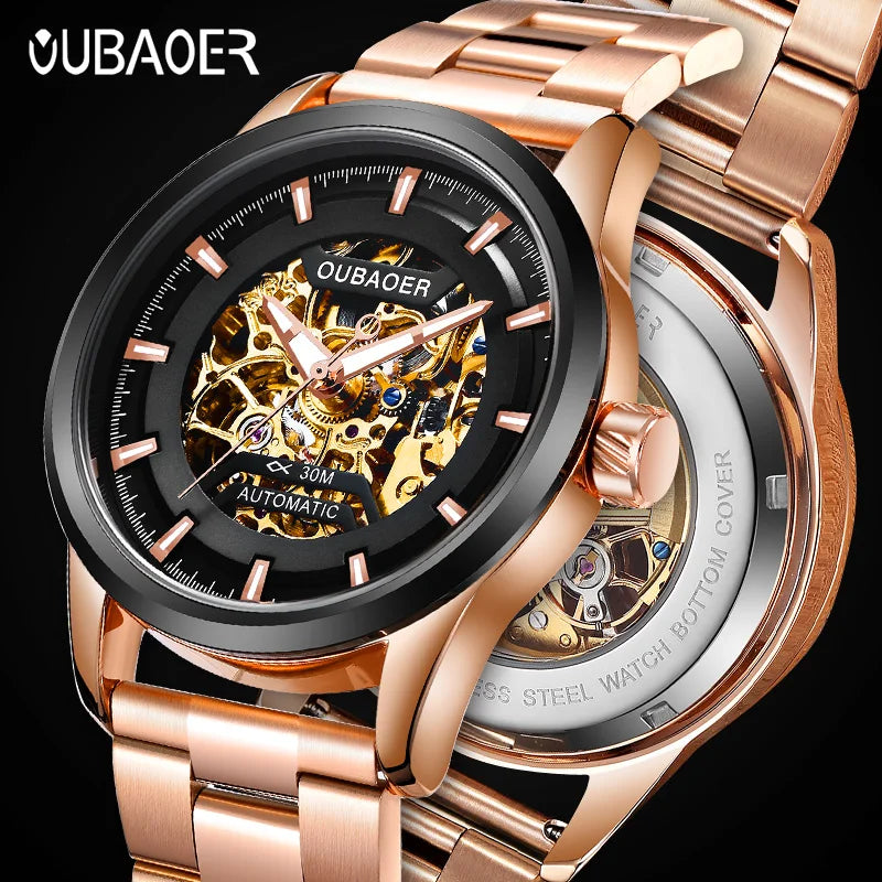 OUBAOER Mens Sports Watches Top Brand Luxury Automatic Mechanical Rose Gold Stainless Steel Watch Men Reloj Mecanico De Hombres